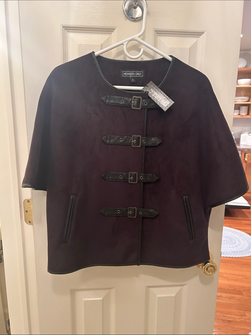 Members Only Black Suede Short Cape with Leather Buckle Details